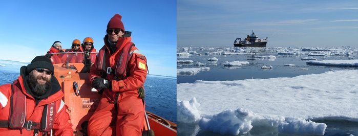 Rescue boat with scientists and the ship in the ice